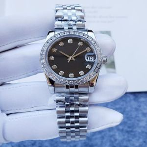 Nieuwe producten Dameshorloge 31 mm diamanten bezel Automatisch mechanisch Roestvrij staal Saffier Zwart oppervlak Meisje Gift289a