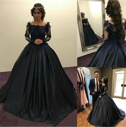 Robe de soirée de bal pour femmes et filles, tenue de soirée formelle avec des appliques, ligne A, manches longues, en Satin noir, personnalisée, nouvelle collection