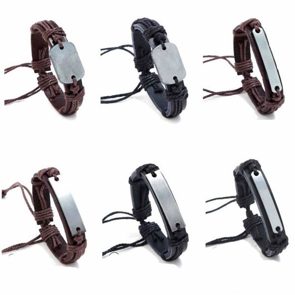 Nouvelle Promotion bracelet à breloques en cuir véritable bijoux bracelet manchette en étain métal plaque vierge bracelets porte-bonheur livraison gratuite