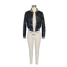 Nueva chaqueta de cuero PU para mujer, ropa de Otoño Invierno, prendas de vestir exteriores de cuero de manga larga para mujer, abrigo informal de uniforme de béisbol, chaquetas elásticas de moda, Tops 8376