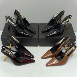 Nouvelles pompes chaussures femmes talons hauts sandales en cuir breveté boucle slingback designer chaussures de robe carré chaussures de soirée pointues 10 cm avec boîte 502