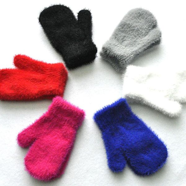 Couleurs pures enfants chaud hiver imitation vison fourrure sac gants en peluche mignon enfants doigts 1-5 ans