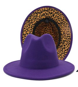 Nouveau violet et imprimé léopard robes patchwork Cowboy Jazz Fedora chapeaux grand bord femmes hommes Panama 2 tons Gambler Party Hat3616632