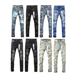 Nieuwe paarse merkjeans Amerikaanse trendy jeans met rechte pijpen en versleten kattenwhiskereffect