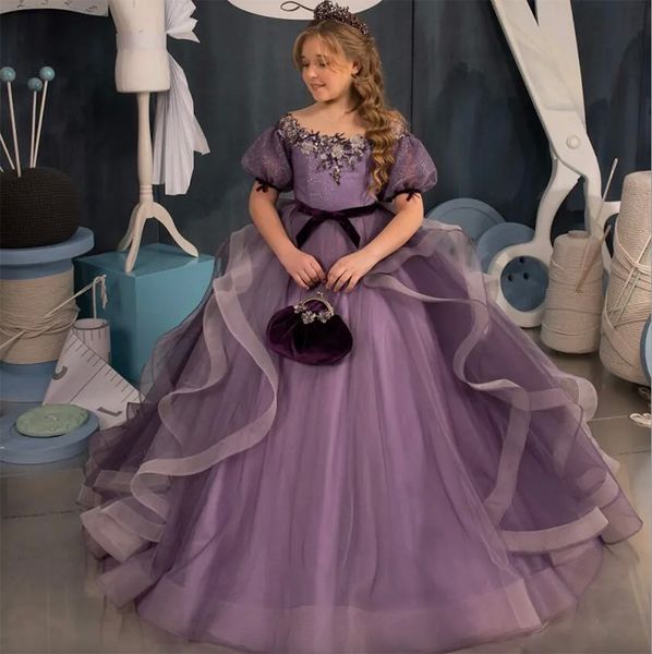 Nouveau violet Little Girls Pageant Robes Crystals Crystals Bouche de bal Cable Cou Nec