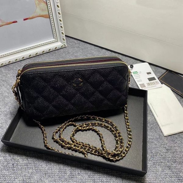 Nouveau sac à main haut de gamme portefeuille double fermeture éclair sac à chaîne couleur unie motif caviar sac de téléphone détachable un paquet multifonctionnel de qualité supérieure modèle 82527 taille 18,5 * 9 * 4,5 cm