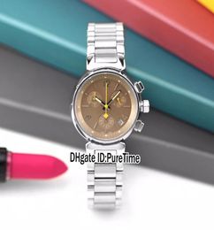 Nuevo Q11215 Case de acero 34 mm Gray Dial Japan Quartz Chronografiar Matrícula para mujeres Pulseras de acero inoxidable Relojes de moda deportiva Puretim7927305