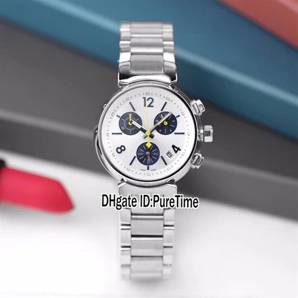 Nuevo Q11215 Caja de acero 34 mm Esfera blanca Manecillas amarillas Japón Cronógrafo de cuarzo Reloj para mujer Relojes de pulsera de acero inoxidable Puretime288N