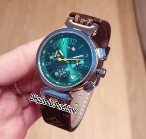 Nieuwe Q13250 Steel Case Groene Wijzerplaat Japan Quartz Chronograaf Dames Horloge Bruin Lederen Band Dame Dames Horloges Stopwatch Puretime F02c3