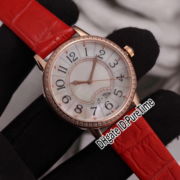 Nouveau Q3402530 Rendez-Vous Date Petite montre à quartz suisse pour femme, or rose, lunette en diamant, cadran texturé blanc, cuir noir Pure288H