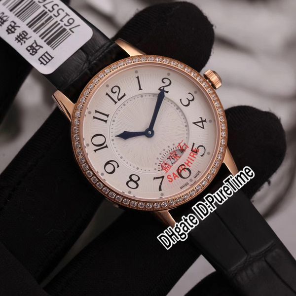 Nouveau Q3402530 Rendez-Vous Date Petite montre à quartz suisse pour femme, or rose, lunette en diamant, cadran texturé blanc, cuir noir Pure291H