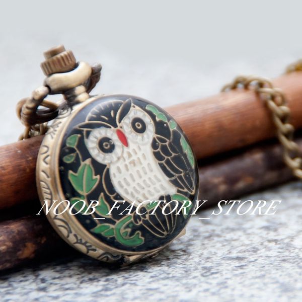 Nouveau Quartz Vintage petit époxy hibou montre de poche collier bijoux chandail chaîne montre de poche couleur bronze lunette en acier