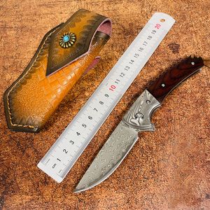 Nieuwe R1695 Flipper Zakmes VG10 Damascus Staal Recht Mes Palissander Handvat Kogellager Snel Open EDC Zakmessen met Lederen Schede