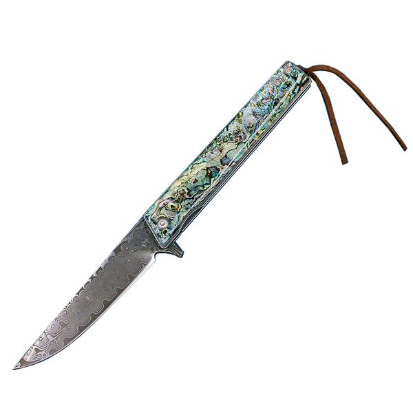 Nuevo cuchillo plegable de bolsillo R2317 76 capas VG10 Hoja de acero damasco Mango de concha de abulón azul Aleta con rodamiento de bolas Cuchillos de apertura rápida con bolsa de nailon