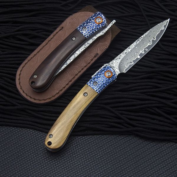 Nuevo R7802 Damasco Carpeta de bolsillo Cuchillo VG10 Hoja de acero de Damasco Livewood / Ébano con mango de cabeza de acero EDC Cuchillos plegables Funda de cuero