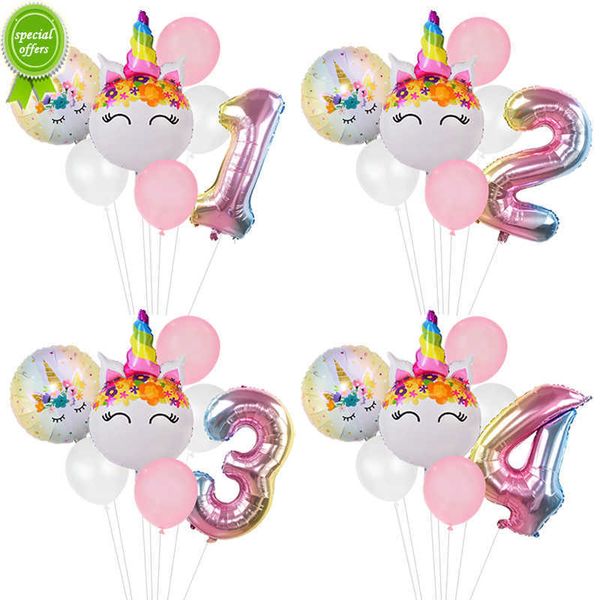 Nouveau arc-en-ciel licorne ballon numéro feuille Globos enfants fille 1er licorne fête d'anniversaire décoration fournitures bébé douche faveurs jouet cadeau