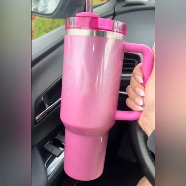 Nuevo RARE PINK Parade Flamingo 40oz Quencher H2.0 Tazas Tazas Viajes para acampar Taza para automóvil Vasos Tazas con mango de silicona Regalo del día de San Valentín con el mismo logotipo 1: 1 STOCK de EE. UU.