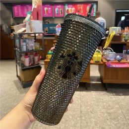 New Ready To Ship With Logo Starbucks Mugs 24oz 710ml Durian Straw Cup With Lid Diamond Radiant Coffee Mugs Ice Sipper Tumbler Studded Cold Bling Cup