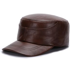 Nouvelle vraie capuchon plat en cuir plat Cap d'oreille Men de réel chapeaux en cuir réel automne mâle 100% authentique véritable cuir de cuir de vache réelle casquette militaire