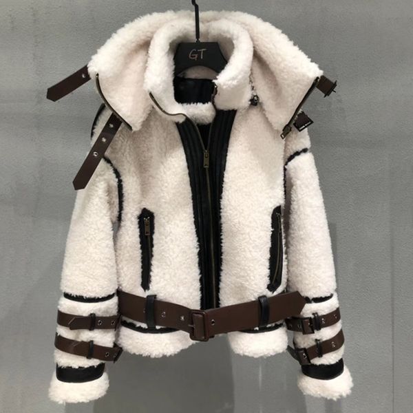 Nouveau véritable manteau de fourrure de laine d'agneau femmes hiver épaissir chaud court moto veste en cuir véritable en peau de mouton Double couches