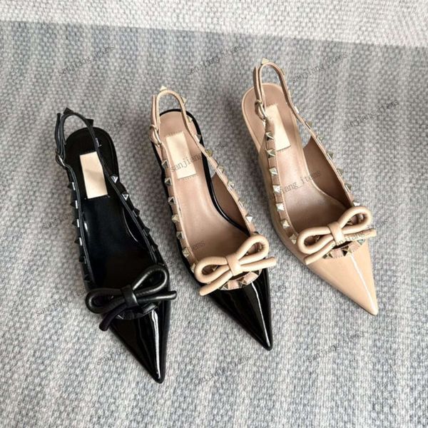 Nouveau cuir véritable Stud Bow Pantoufles sandales pour femmes gros bloc talons hauts pompe slingback Slider gelée cloutée mule Designer luxe pointu bout ouvert diapositives chaussures