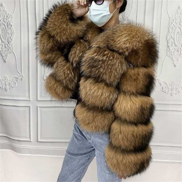 Nueva chaqueta de mapache natural real Chaleco de moda para mujer Mangas de abrigo de piel desmontables 211206