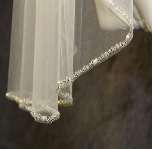 Nouvelles images réelles blanc ivoire Champagne voile de mariage longueur du bout des doigts bord perlé voile de mariée perles une couche 0264550766