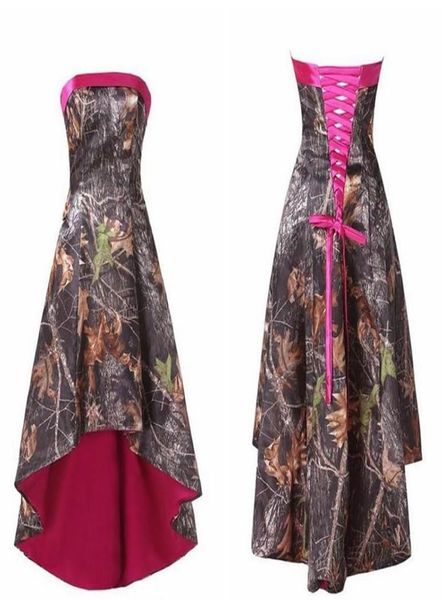 Nuevo Real Pos Sin tirantes Alto Bajo Corto Camo Vestidos de dama de honor Fucsia Vendaje personalizado Volver Honor de criada Camuflaje personalizado Bride3183239