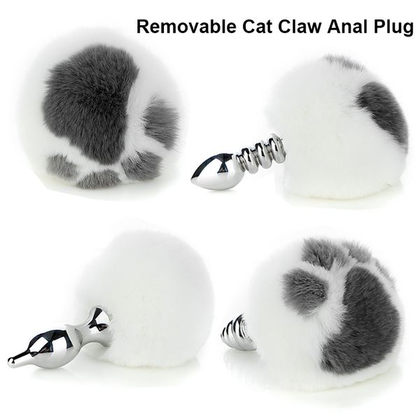 Nuevo Real Rabbit Fur Tail Cat Claw Extraíble Metal Butt Anal Plug BDSM producto sexy Bunny Toys para mujeres Gay Juegos para adultos