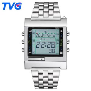 Nouveau rectangle TVG Remote Control Digital Sport Watch Alarm TV DVD DVD Men et dames en acier inoxydable Wristwatch242Y
