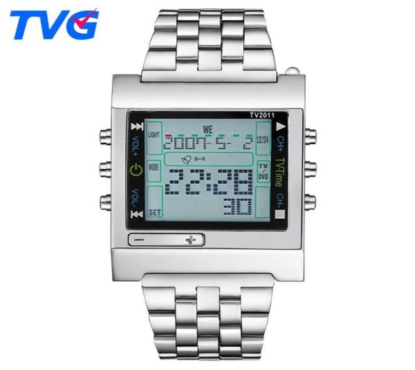 Nuevo rectángulo TVG Control remoto Deporte digital Mira la alarma TV DVD Hombres y Damas de acero inoxidable WRISTWATCH1630280