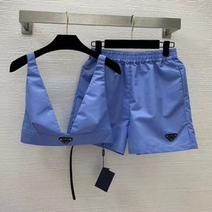 Nouveau tissu en Nylon recyclé en métal de haute qualité, ensemble deux pièces court de styliste, soutien-gorge, gilet avec pantalon à taille élastique