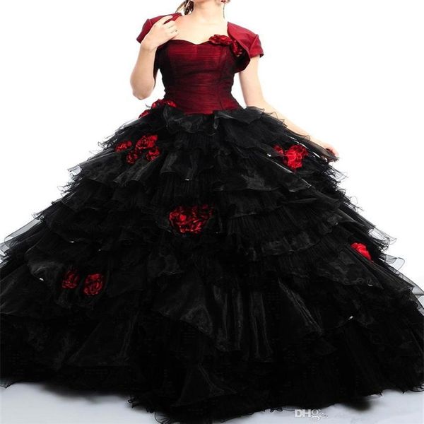 Nuevos vestidos de quinceañera rojos y negros Chaquetas combinadas s Flor hecha a mano Cariño Tul Organza Vestido de fiesta Vestido de graduación 232t
