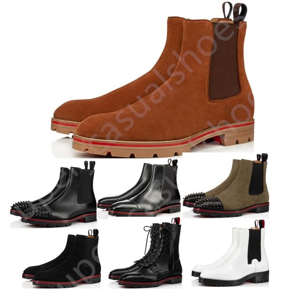 Nuevos fondos rojos Botas para hombre Botas de diseño Botines de moda negros clásicos Suela roja de piel de becerro Tobillo de motocicleta para zapatos para hombre Con caja 38-47