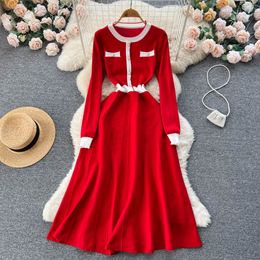 Nieuwe rode casual jurken Spring herfst Solid Slim Full Lady Dress A Line O Neck Chiffon Button Trutt Mid-Calf Women Dresses 2023