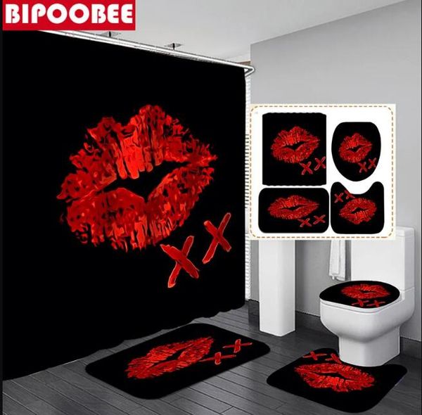 Nouveau ensemble de rideaux de salle de bain lèvres rouges ensembles de tapis de bain à talons hauts roses rideaux de douche avec crochets noir tapis de piédestal antidérapant couverture de toilette