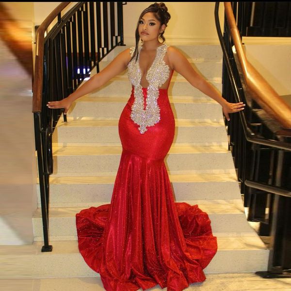 Nuevo vestido de fiesta de Mermaid Red para Lady Beads African Crystal Birthday Party Farty Fomal Vestidos de noche Vestidos de Fiesta
