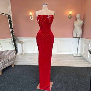 Robe De bal sirène rouge, en velours, sans bretelles, longueur au sol, élégante, pour occasions formelles, nouvelle collection, 2024