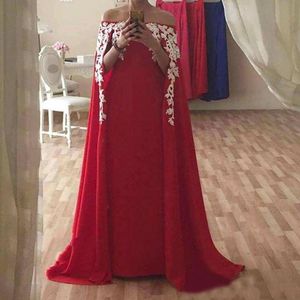 Nieuwe rode moslim avondjurken met Cape A-lijn Strapless Lace Applicaties Dubai Saoedi-Arabische Formele Pageant Prom Avondjurken