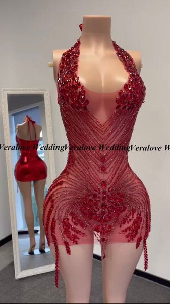 Robe de soirée d'anniversaire transparente pour femmes, rouge, col licou, robe de Cocktail, diamants scintillants, noire, robes de bal courtes pour filles, nouvelle collection