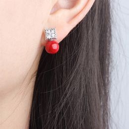 Nieuwe rode gesimuleerde parelontwerper oorbellen voor vrouwen luxe vierkante ontwerp stud sieraden met kubieke zirkoon beste bijoux gift