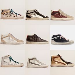 Nuevo lanzamiento Italia marca Golden Mid Slide Star High-top Sneakers Mujer Zapatos moda rosa-oro brillo Classic Leopard White Do-old Dirty Designer Shoe