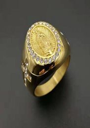 Nuevo anillo religioso de Color dorado de María para hombre, anillo de acero inoxidable 316L con cristal sagrado de la Señora de Guadalupe, joyería católica 6329422