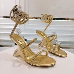 Nueva moda Rene Caovilla Sandalias de tacón metálico esculpidas Cuero metálico Diseñadores de lujo Cuña Tobillo envolvente Sandalias de mujer Zapatos de vestir Zapatos de noche Con caja