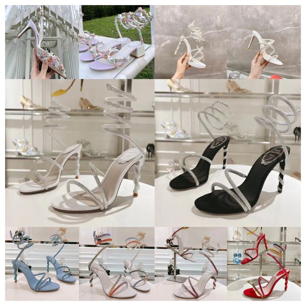 Nouveau René Caovilla High Heel Sandals Fashion Rhingestone Decoration Luxury Designer Chaussures 9,5 cm Talons Femmes Satin Snake Emballage Butterfly Fleur Open Toe Wedding