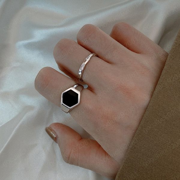 Nuevos anillos de dedo índice de apertura de gota negra con rectángulo geométrico de Metal hexagonal Retro para mujeres y niñas, joyería