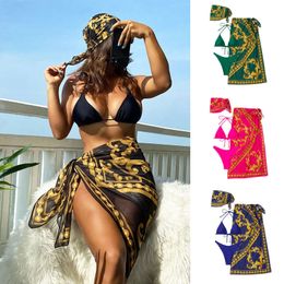 Nuevo traje de baño bikini sexy con estampado retro y traje de baño de tres piezas de malla con cordones de Europa y Estados Unidos