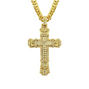 Nouveau rétro argent croix pendentif à breloque pleine glace CZ diamants simulés catholique Crucifix pendentif collier avec longue chaîne cubaine