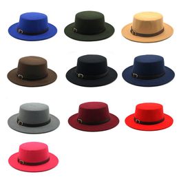 Nieuwe retro winter herfst vrouwen mannen top hoed imitatie wollen vilt fedora hoeden riem gesp versierde dames schipper hoed platte rand