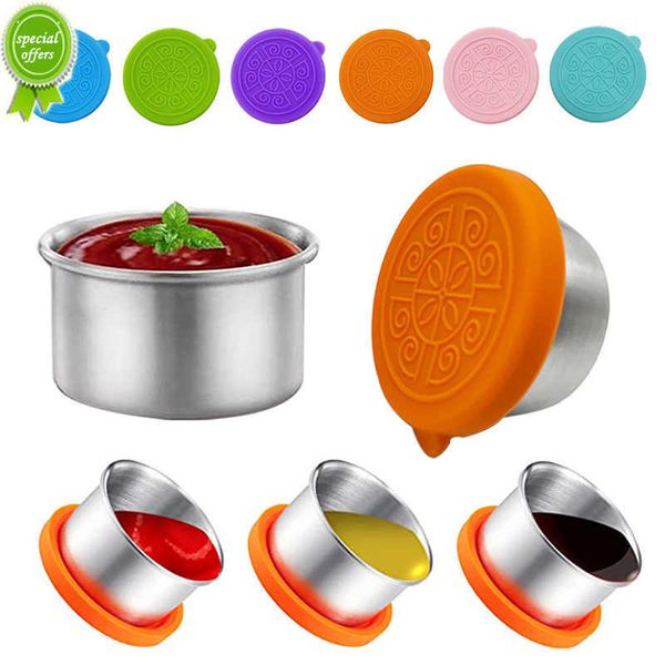 Nouveaux récipients à condiments réutilisables tasse à sauce en acier inoxydable avec couvercles en silicone 1.7oz vinaigrette conteneur pique-nique stockage des aliments